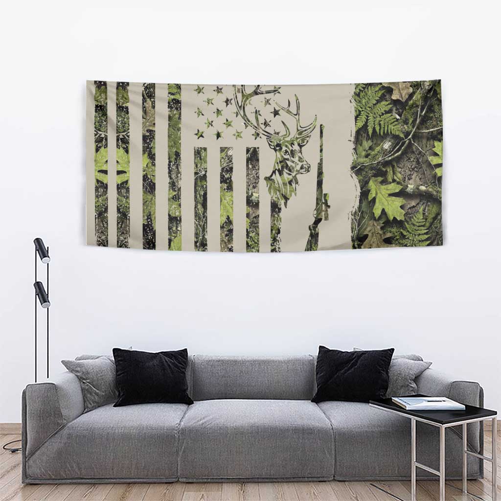 Deer Skull Camouflage Tapestry American Hunting Culture in Forest Green and Earth Tones