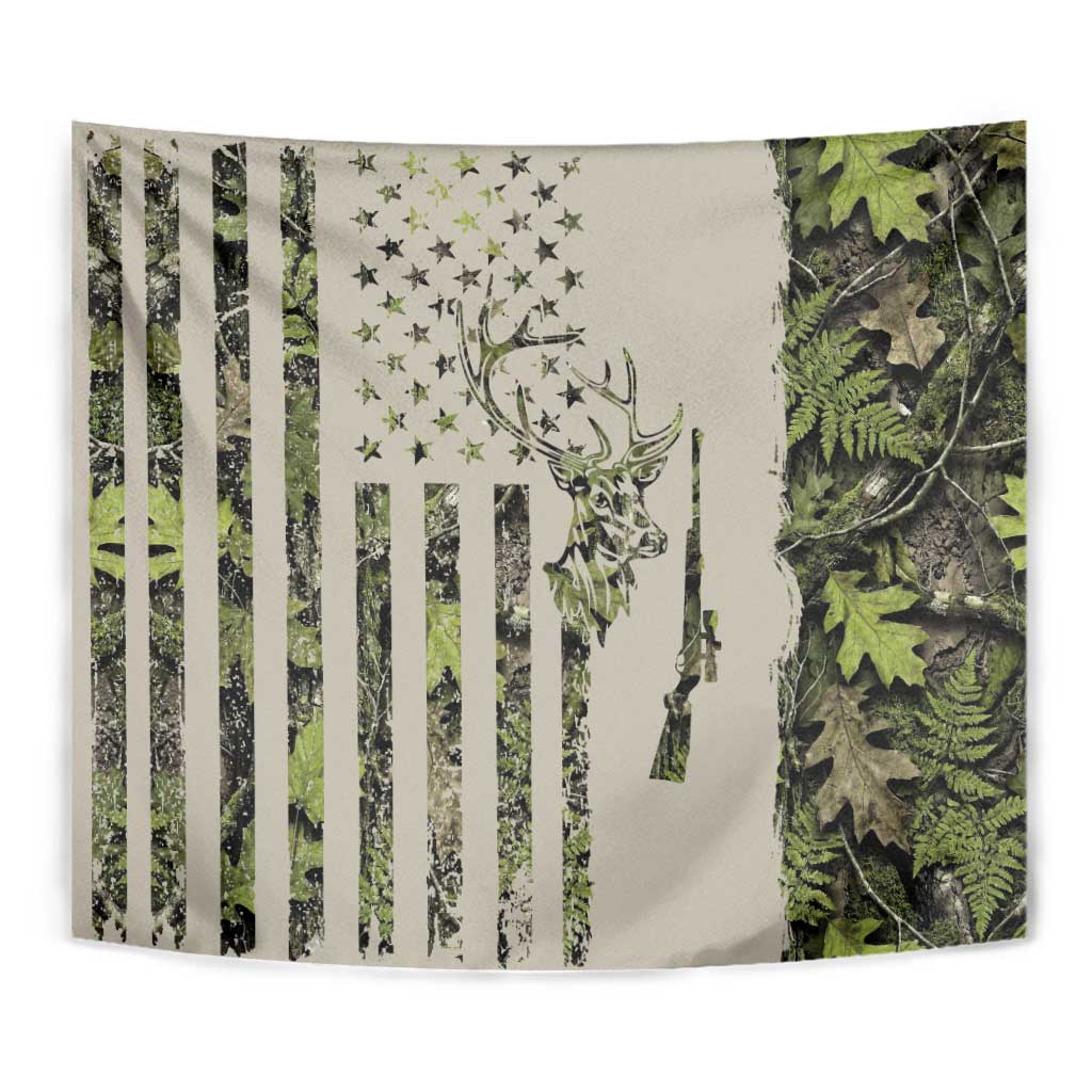 Deer Skull Camouflage Tapestry American Hunting Culture in Forest Green and Earth Tones