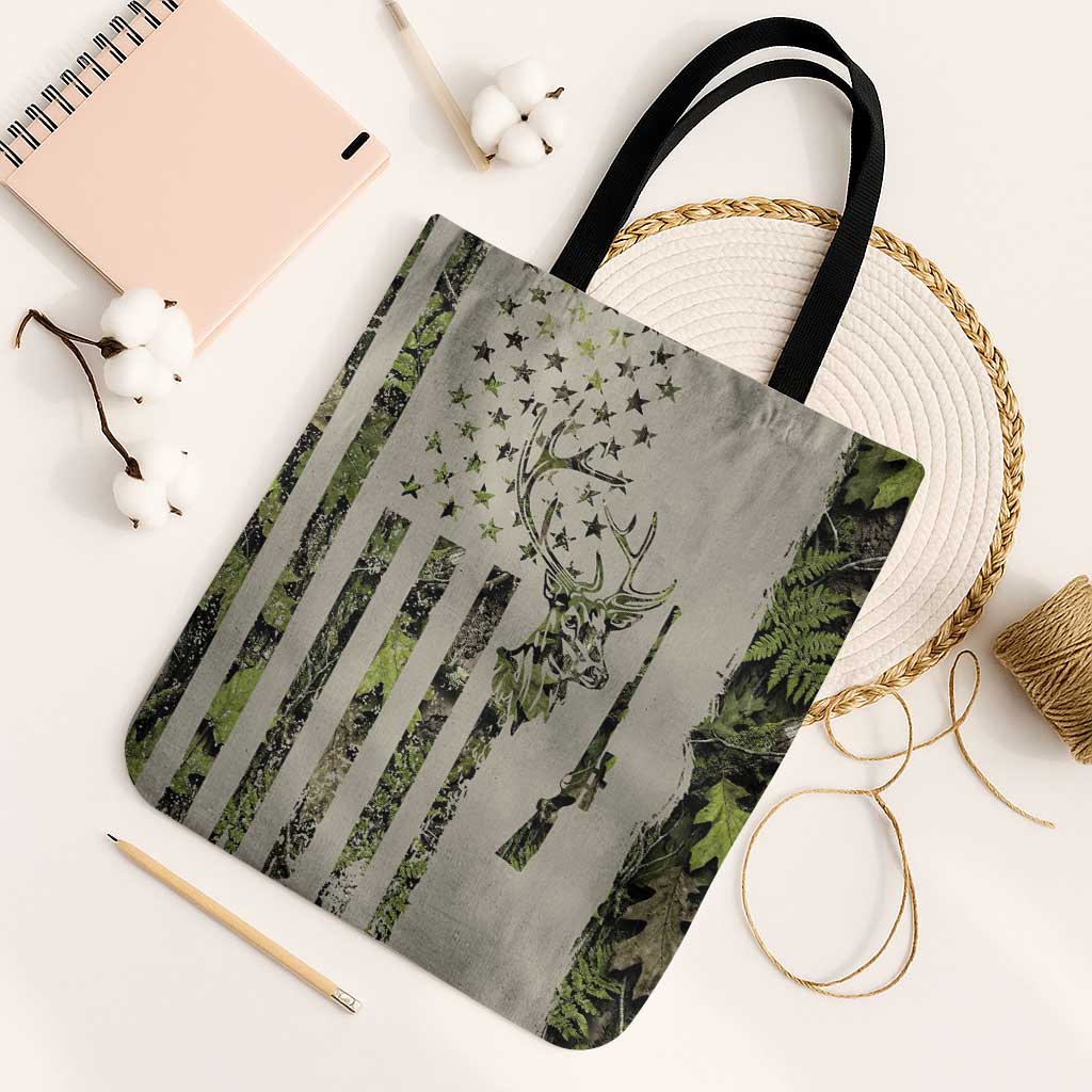 Deer Skull Camouflage Tote Bag American Hunting Culture in Forest Green and Earth Tones
