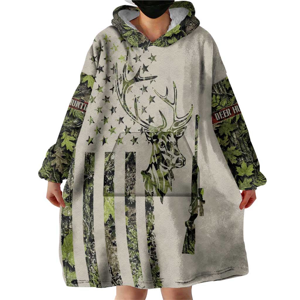 Deer Skull Camouflage Wearable Blanket Hoodie American Hunting Culture in Forest Green and Earth Tones