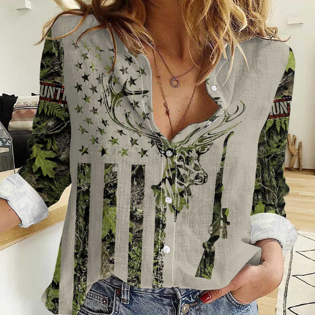 Deer Skull Camouflage Women Casual Shirt American Hunting Culture in Forest Green and Earth Tones