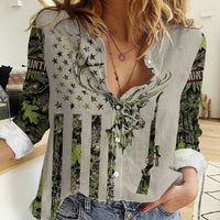 Deer Skull Camouflage Women Casual Shirt American Hunting Culture in Forest Green and Earth Tones