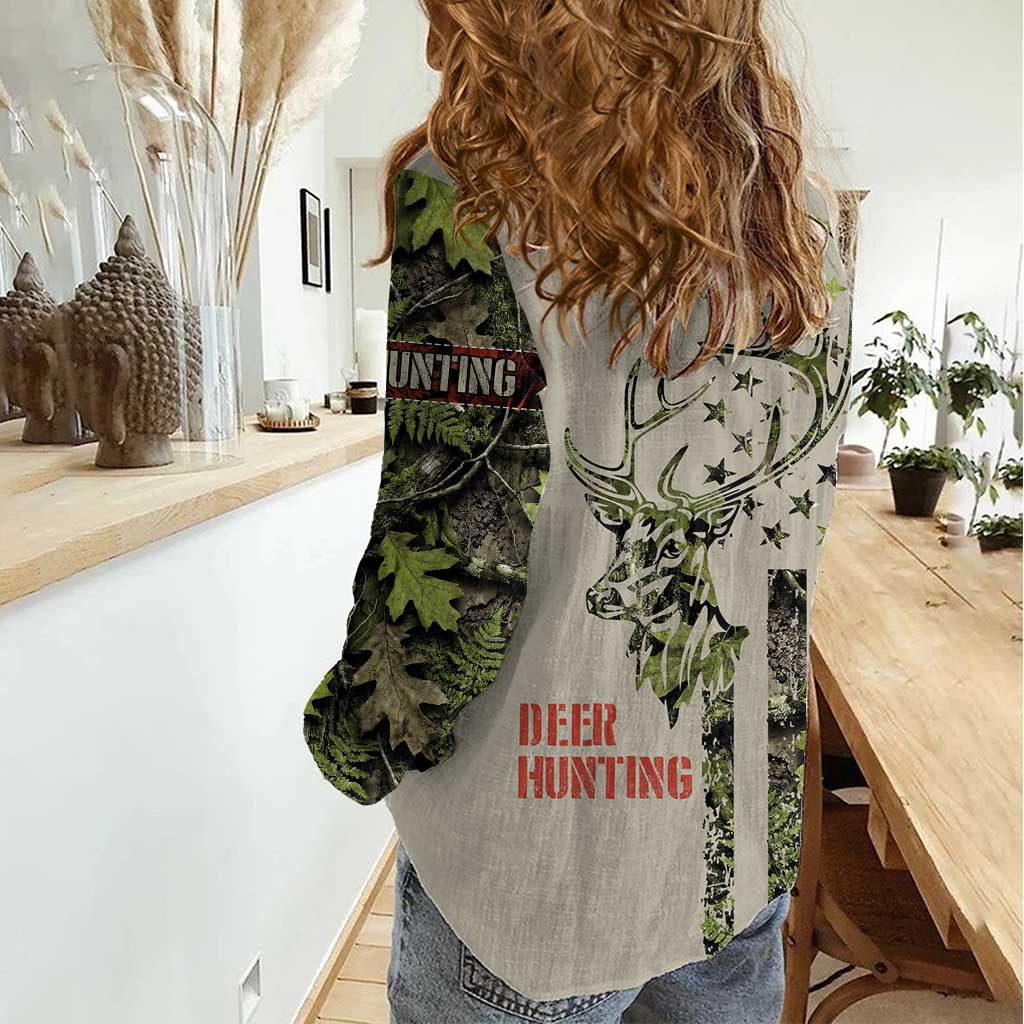 Deer Skull Camouflage Women Casual Shirt American Hunting Culture in Forest Green and Earth Tones