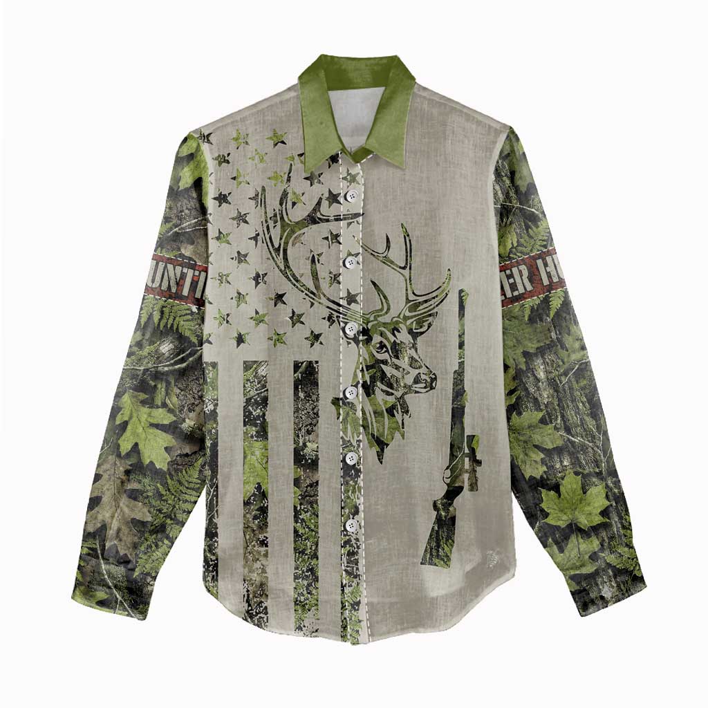 Deer Skull Camouflage Women Casual Shirt American Hunting Culture in Forest Green and Earth Tones