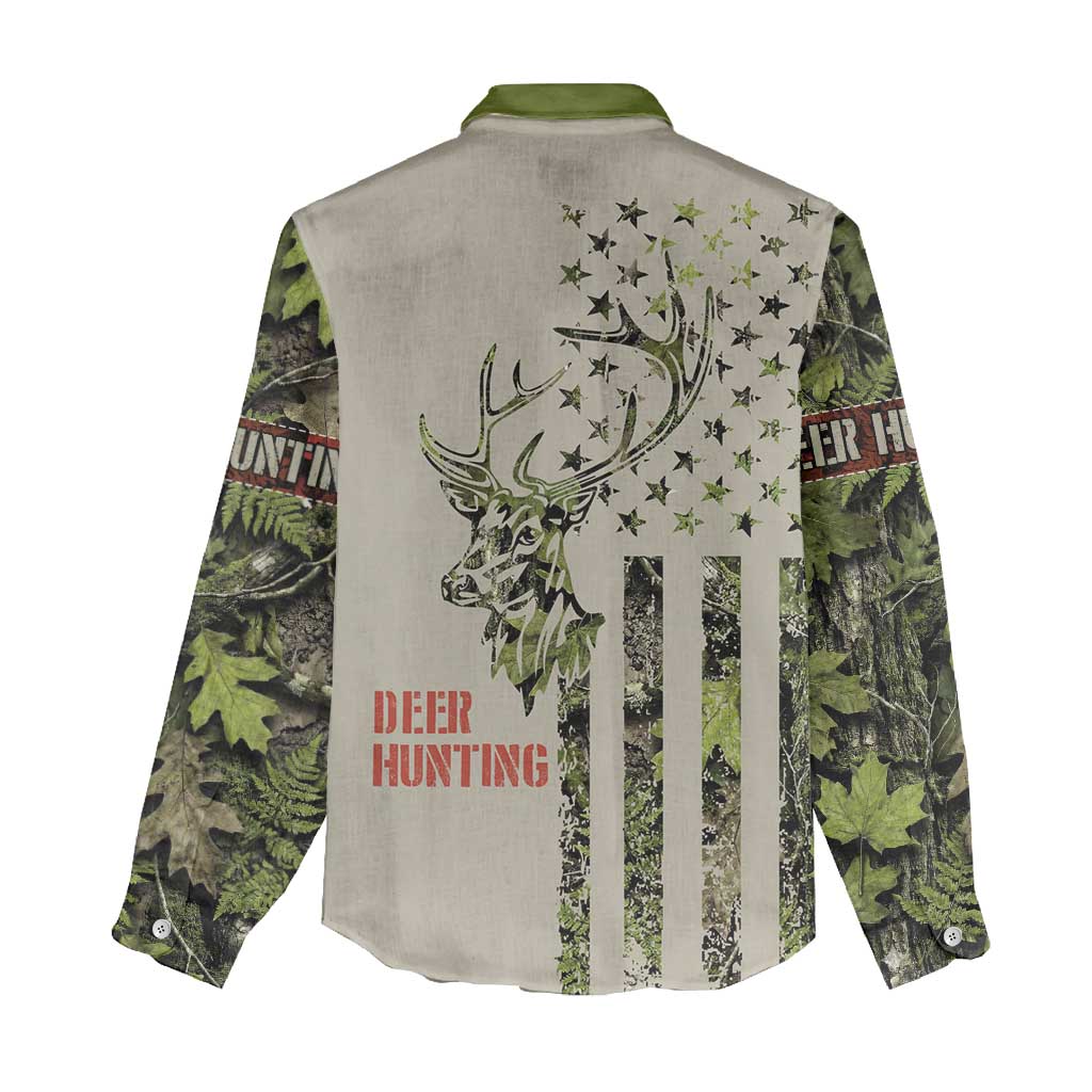Deer Skull Camouflage Women Casual Shirt American Hunting Culture in Forest Green and Earth Tones