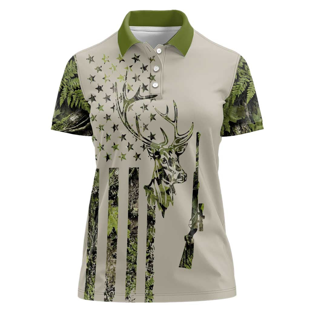 Deer Skull Camouflage Women Polo Shirt American Hunting Culture in Forest Green and Earth Tones