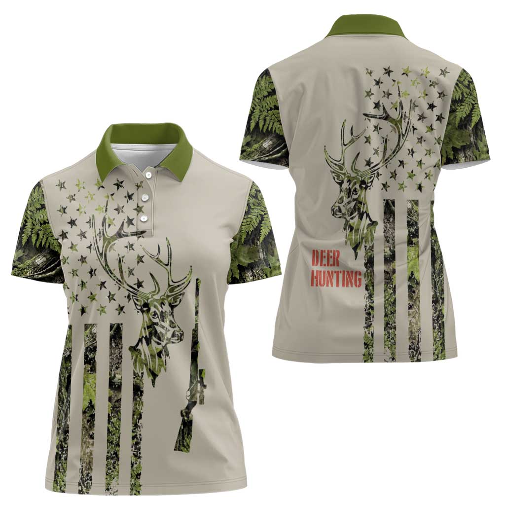 Deer Skull Camouflage Women Polo Shirt American Hunting Culture in Forest Green and Earth Tones
