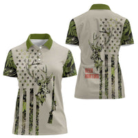 Deer Skull Camouflage Women Polo Shirt American Hunting Culture in Forest Green and Earth Tones