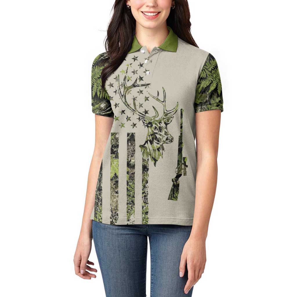 Deer Skull Camouflage Women Polo Shirt American Hunting Culture in Forest Green and Earth Tones