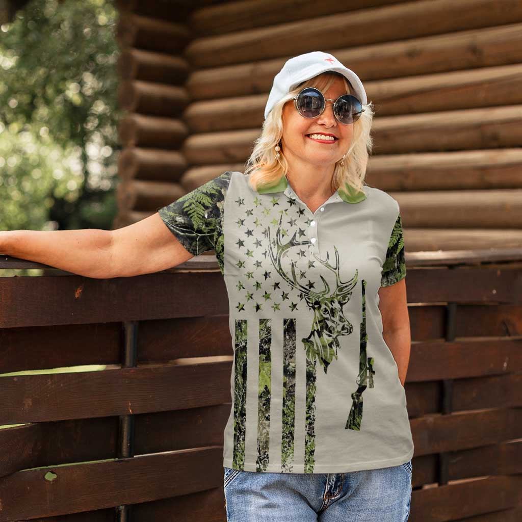 Deer Skull Camouflage Women Polo Shirt American Hunting Culture in Forest Green and Earth Tones