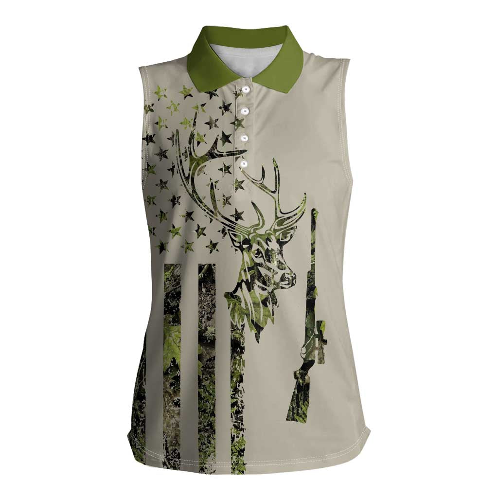 Deer Skull Camouflage Women Sleeveless Polo Shirt American Hunting Culture in Forest Green and Earth Tones
