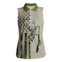 Deer Skull Camouflage Women Sleeveless Polo Shirt American Hunting Culture in Forest Green and Earth Tones