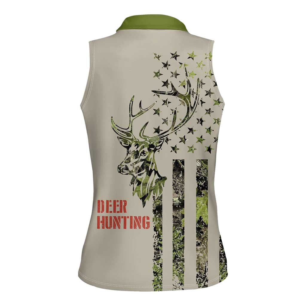 Deer Skull Camouflage Women Sleeveless Polo Shirt American Hunting Culture in Forest Green and Earth Tones