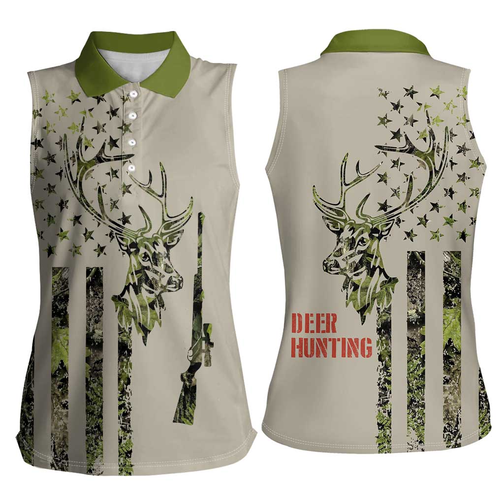 Deer Skull Camouflage Women Sleeveless Polo Shirt American Hunting Culture in Forest Green and Earth Tones