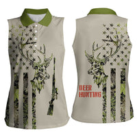 Deer Skull Camouflage Women Sleeveless Polo Shirt American Hunting Culture in Forest Green and Earth Tones