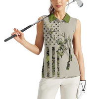 Deer Skull Camouflage Women Sleeveless Polo Shirt American Hunting Culture in Forest Green and Earth Tones