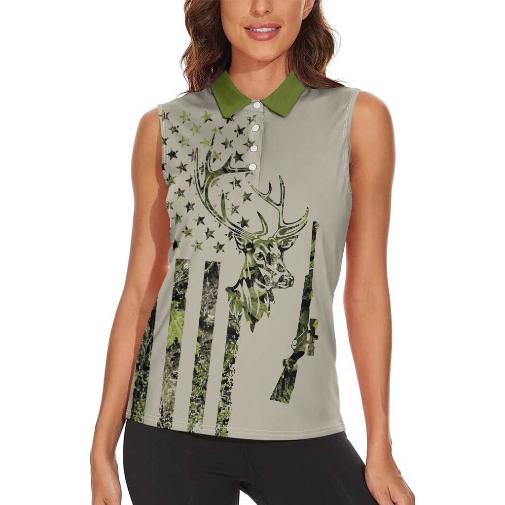 Deer Skull Camouflage Women Sleeveless Polo Shirt American Hunting Culture in Forest Green and Earth Tones