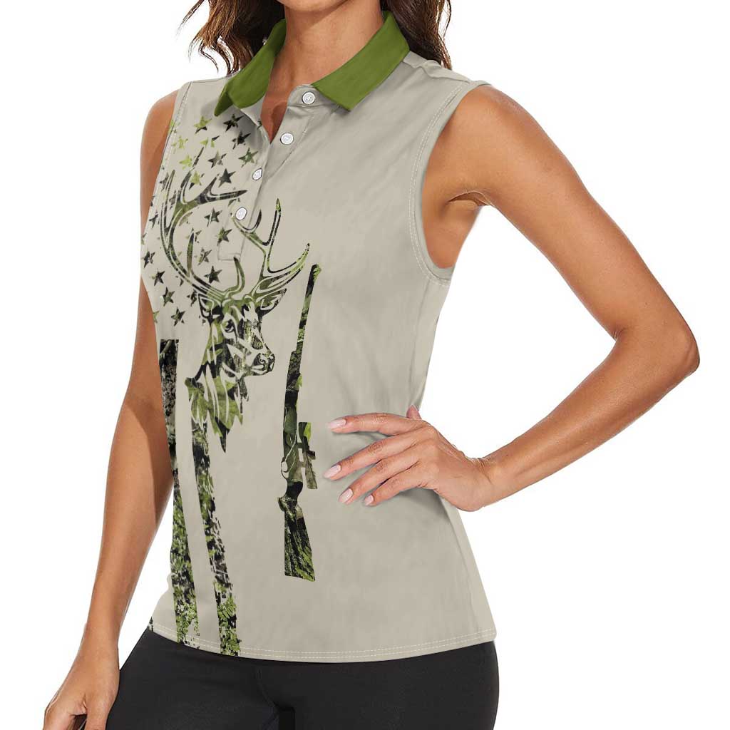 Deer Skull Camouflage Women Sleeveless Polo Shirt American Hunting Culture in Forest Green and Earth Tones