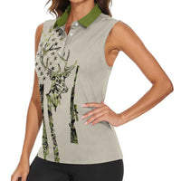 Deer Skull Camouflage Women Sleeveless Polo Shirt American Hunting Culture in Forest Green and Earth Tones