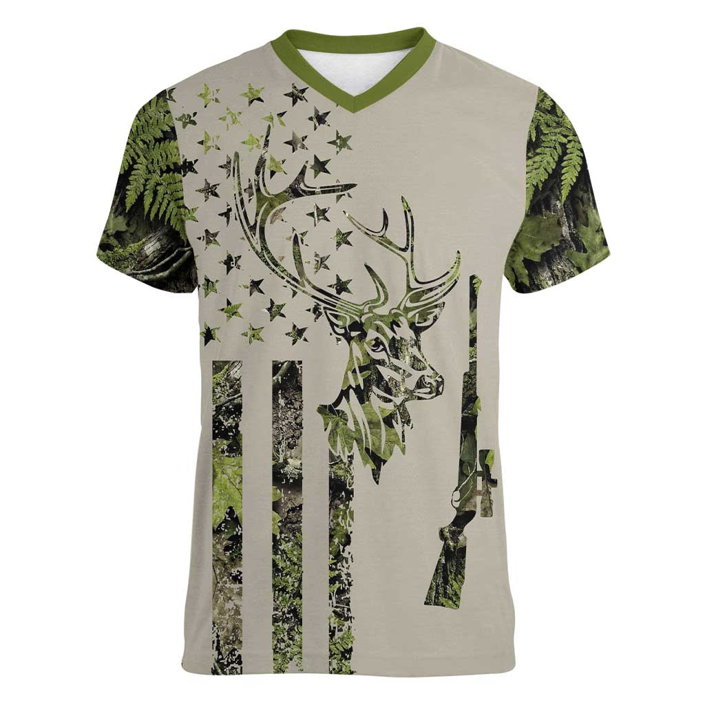 Deer Skull Camouflage Women V-Neck T-Shirt American Hunting Culture in Forest Green and Earth Tones