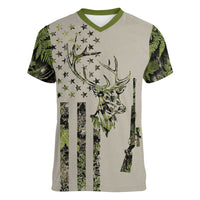 Deer Skull Camouflage Women V-Neck T-Shirt American Hunting Culture in Forest Green and Earth Tones