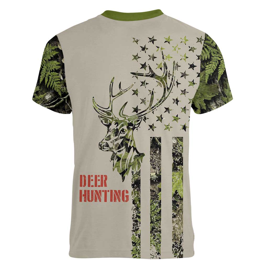 Deer Skull Camouflage Women V-Neck T-Shirt American Hunting Culture in Forest Green and Earth Tones