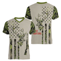 Deer Skull Camouflage Women V-Neck T-Shirt American Hunting Culture in Forest Green and Earth Tones