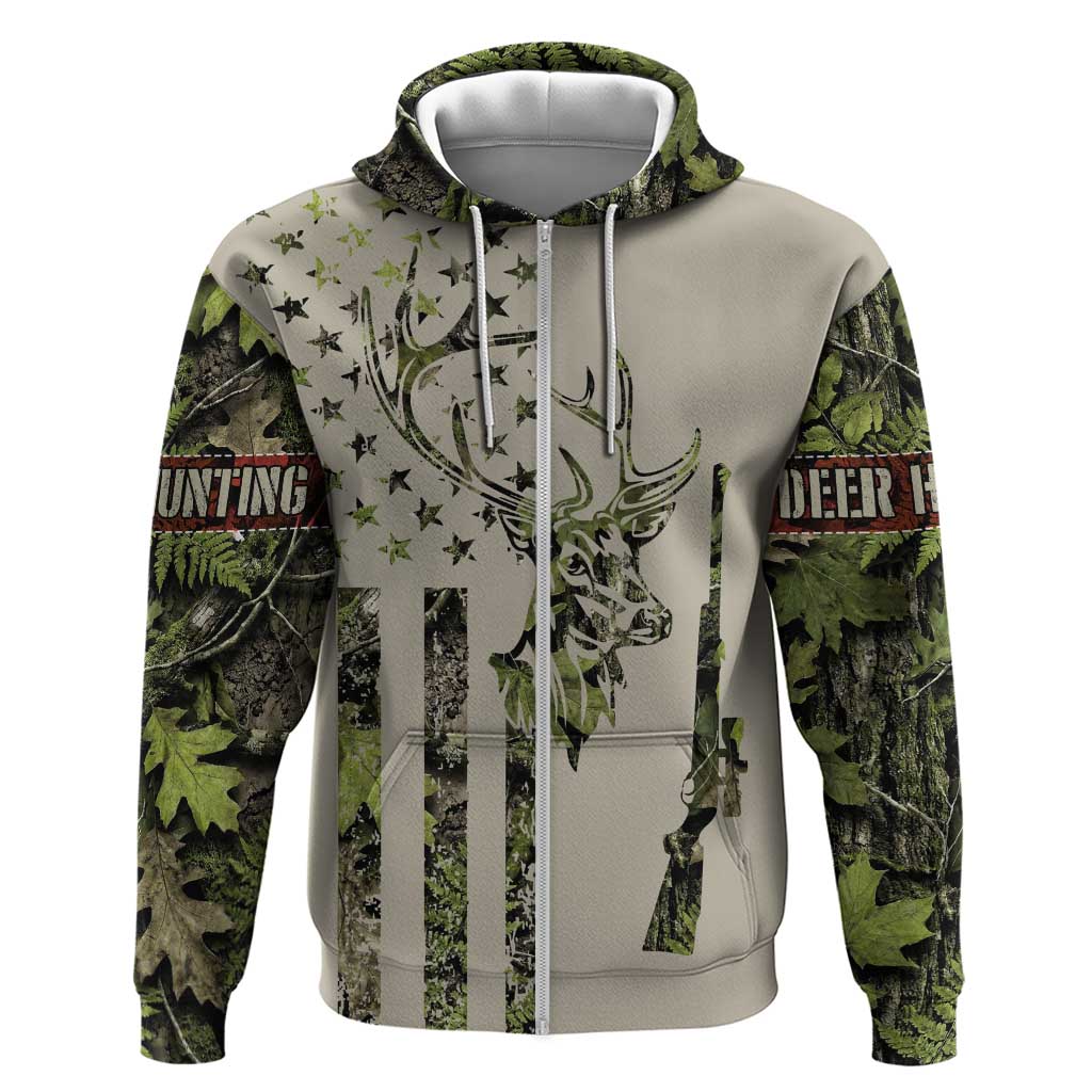 Deer Skull Camouflage Zip Hoodie American Hunting Culture in Forest Green and Earth Tones
