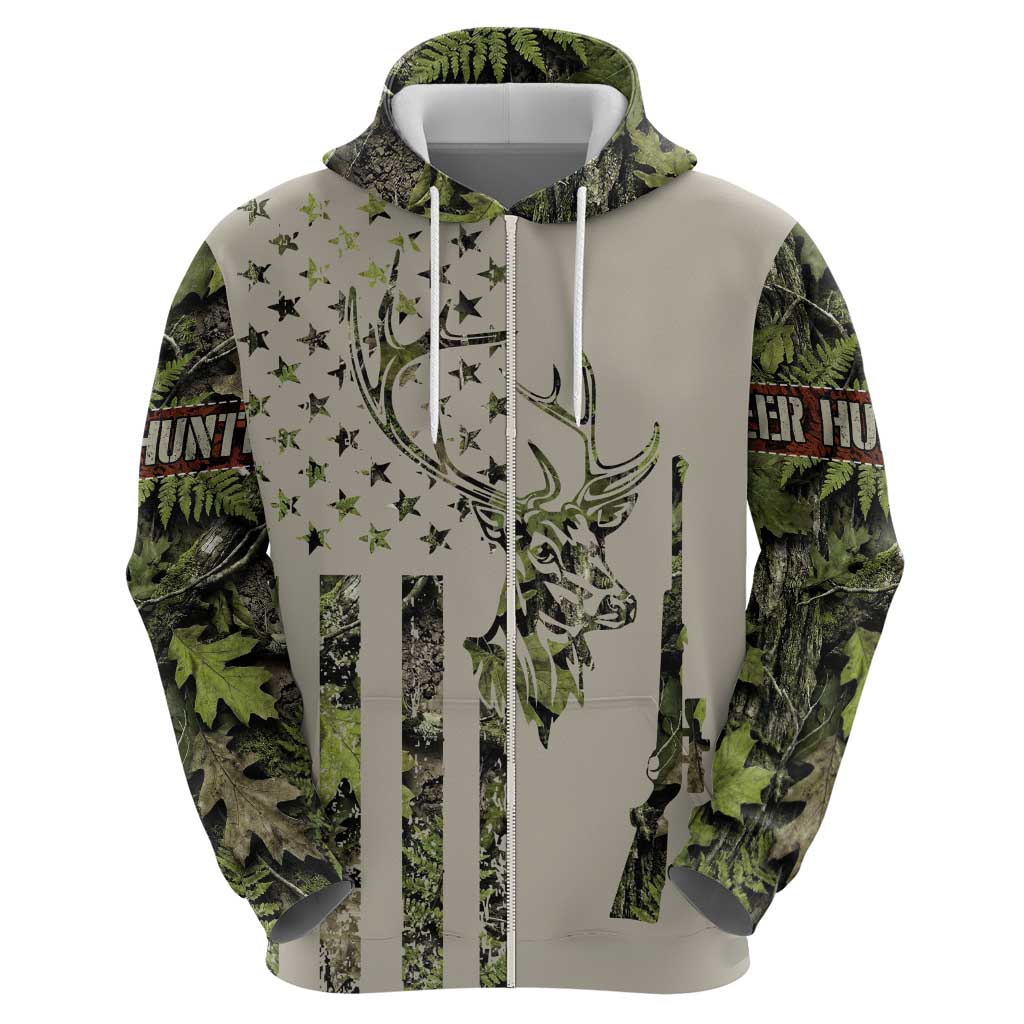 Deer Skull Camouflage Zip Hoodie American Hunting Culture in Forest Green and Earth Tones