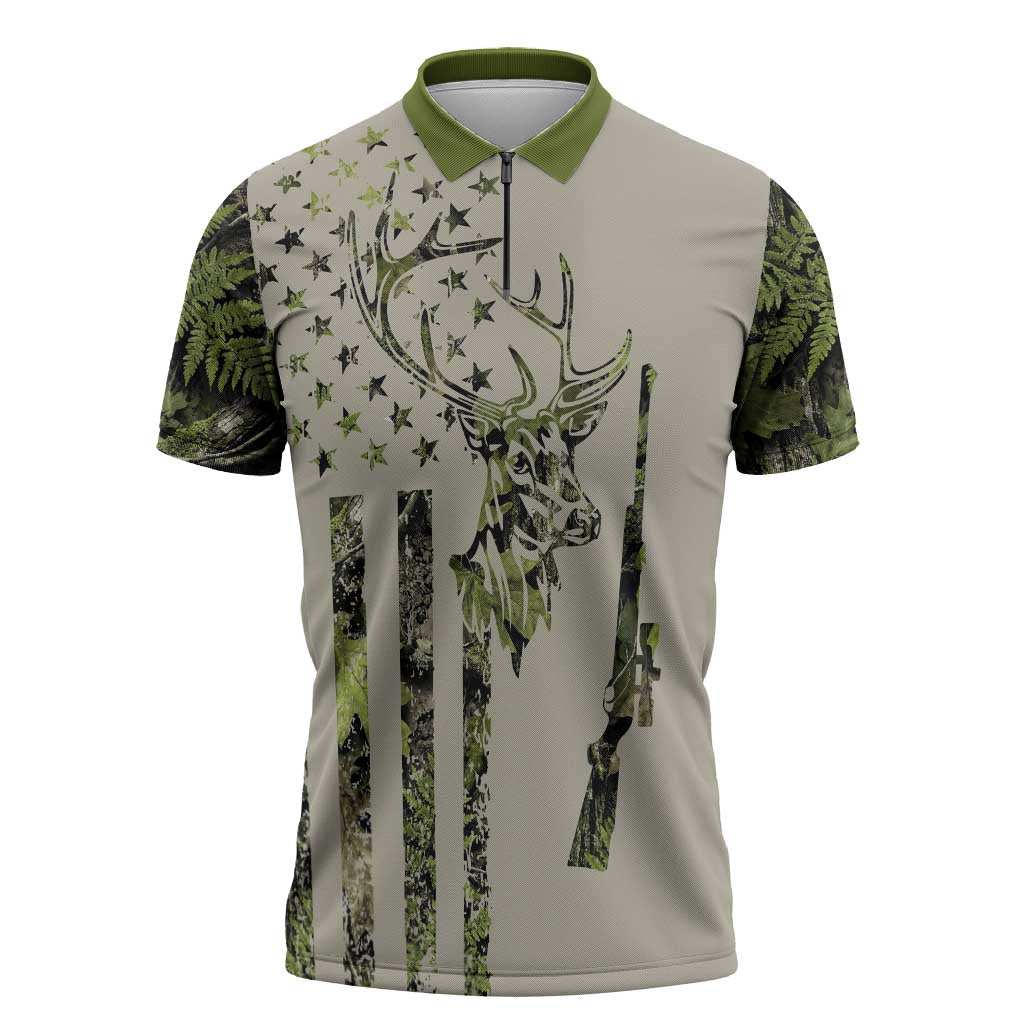 Deer Skull Camouflage Zipper Polo Shirt American Hunting Culture in Forest Green and Earth Tones