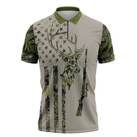 Deer Skull Camouflage Zipper Polo Shirt American Hunting Culture in Forest Green and Earth Tones