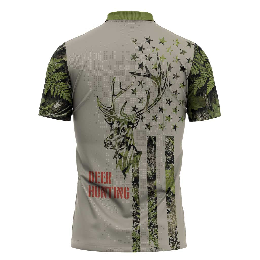 Deer Skull Camouflage Zipper Polo Shirt American Hunting Culture in Forest Green and Earth Tones