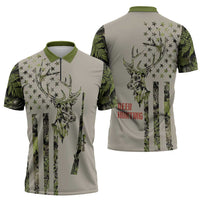 Deer Skull Camouflage Zipper Polo Shirt American Hunting Culture in Forest Green and Earth Tones
