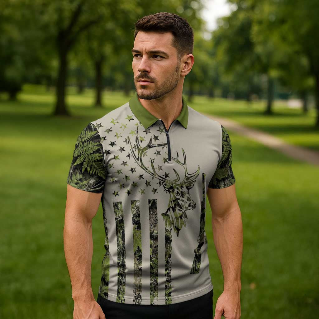 Deer Skull Camouflage Zipper Polo Shirt American Hunting Culture in Forest Green and Earth Tones