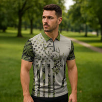 Deer Skull Camouflage Zipper Polo Shirt American Hunting Culture in Forest Green and Earth Tones