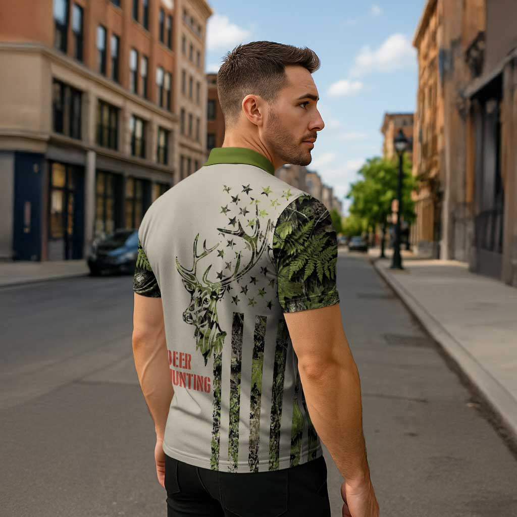 Deer Skull Camouflage Zipper Polo Shirt American Hunting Culture in Forest Green and Earth Tones