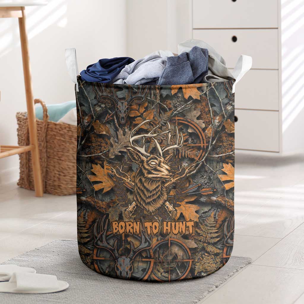 Deer Hunting Skull Laundry Basket Autumn Leaves Rustic Brown and Orange Tones