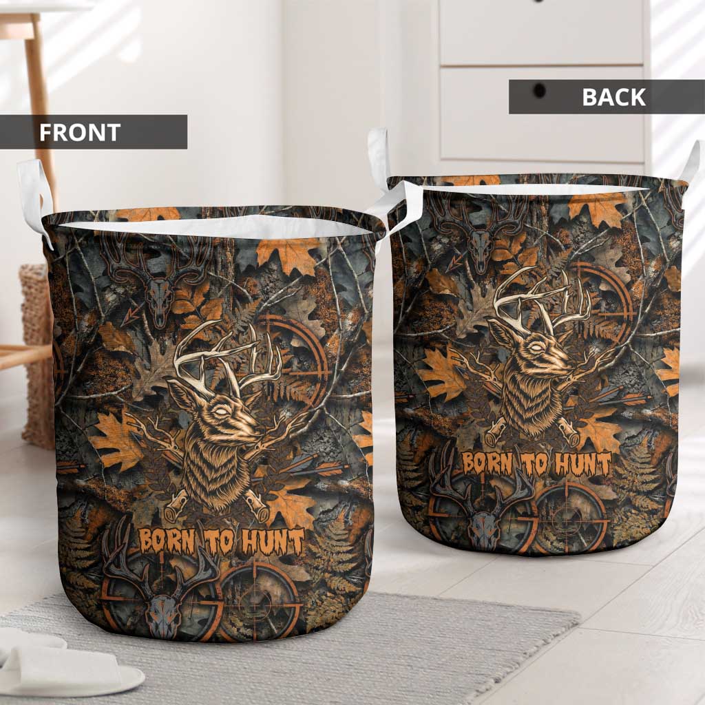 Deer Hunting Skull Laundry Basket Autumn Leaves Rustic Brown and Orange Tones