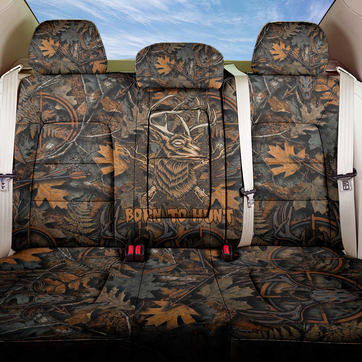 Deer Hunting Skull Back Car Seat Cover Autumn Leaves Rustic Brown and Orange Tones