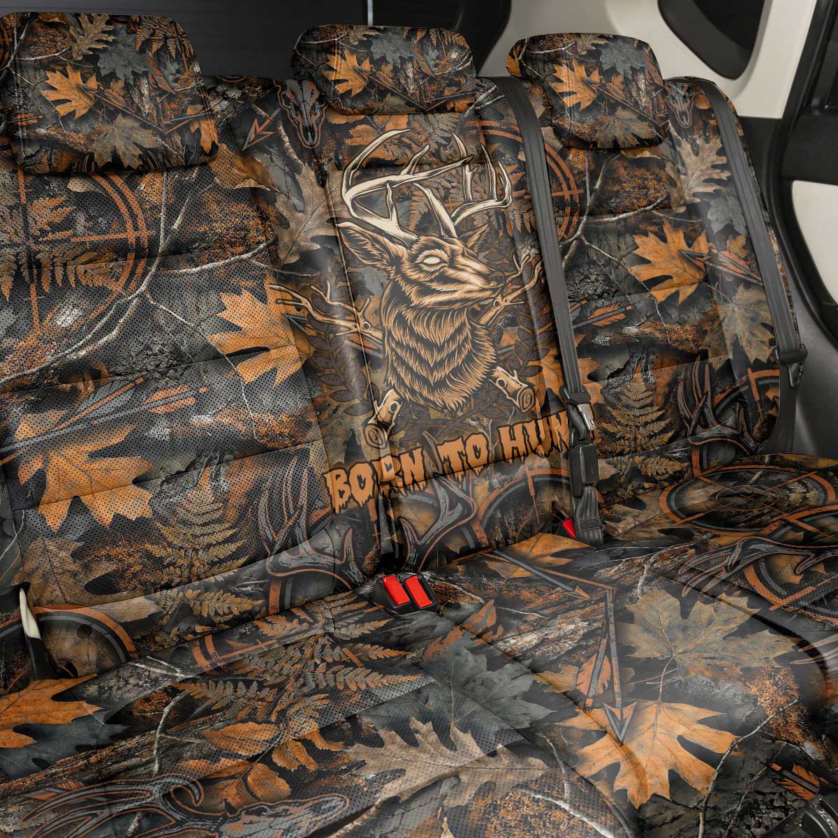 Deer Hunting Skull Back Car Seat Cover Autumn Leaves Rustic Brown and Orange Tones
