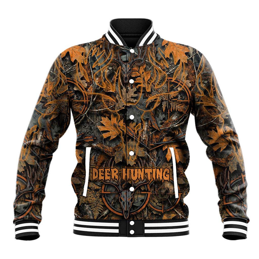 Deer Hunting Skull Baseball Jacket Autumn Leaves Rustic Brown and Orange Tones