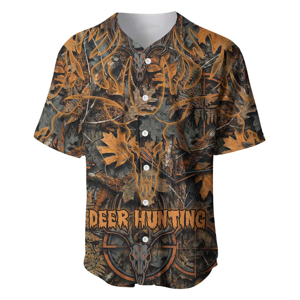 Deer Hunting Skull Baseball Jersey Autumn Leaves Rustic Brown and Orange Tones