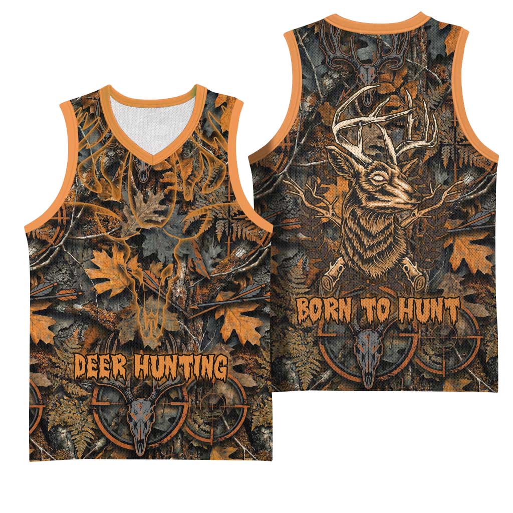 Deer Hunting Skull Basketball Jersey Autumn Leaves Rustic Brown and Orange Tones