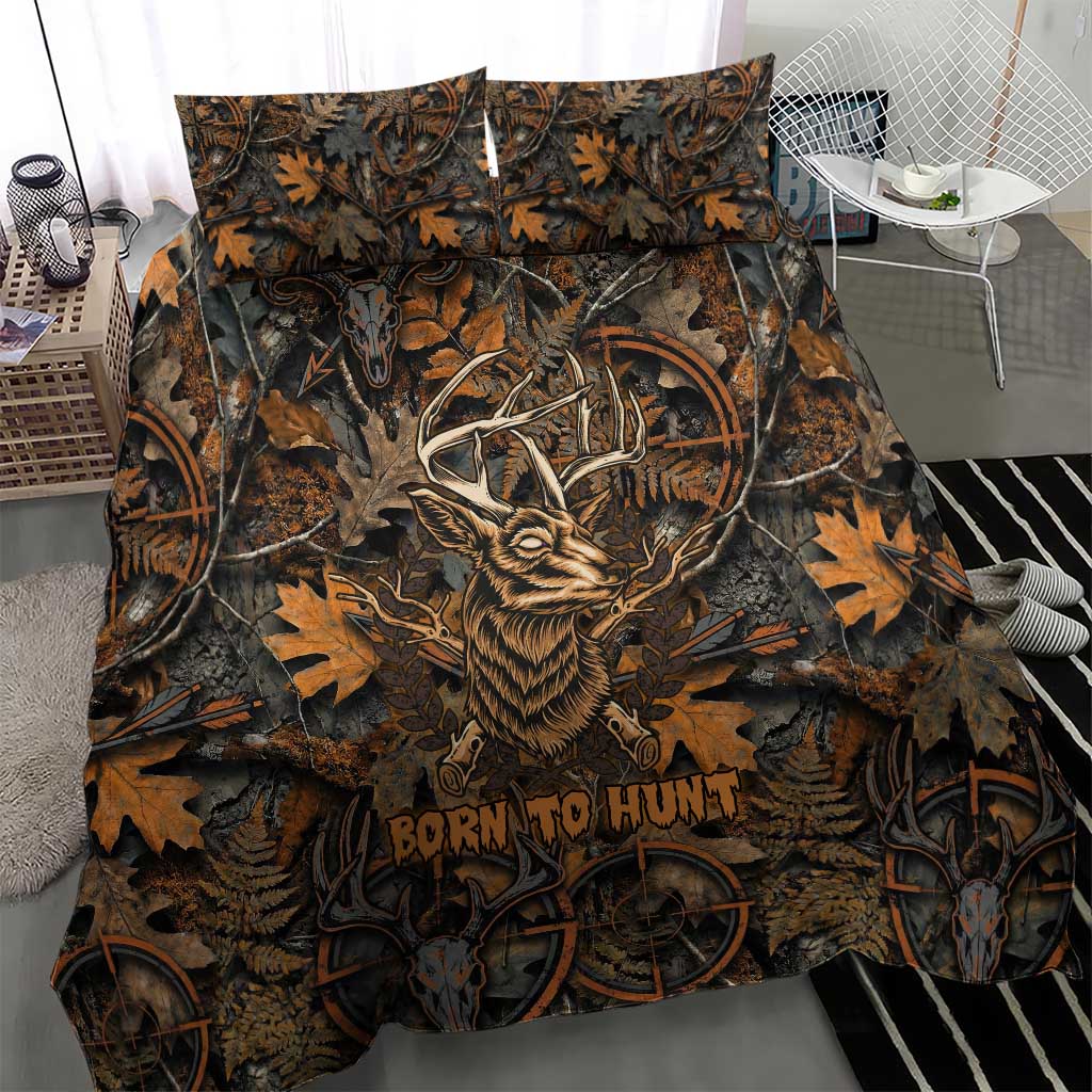 Deer Hunting Skull Bedding Set Autumn Leaves Rustic Brown and Orange Tones