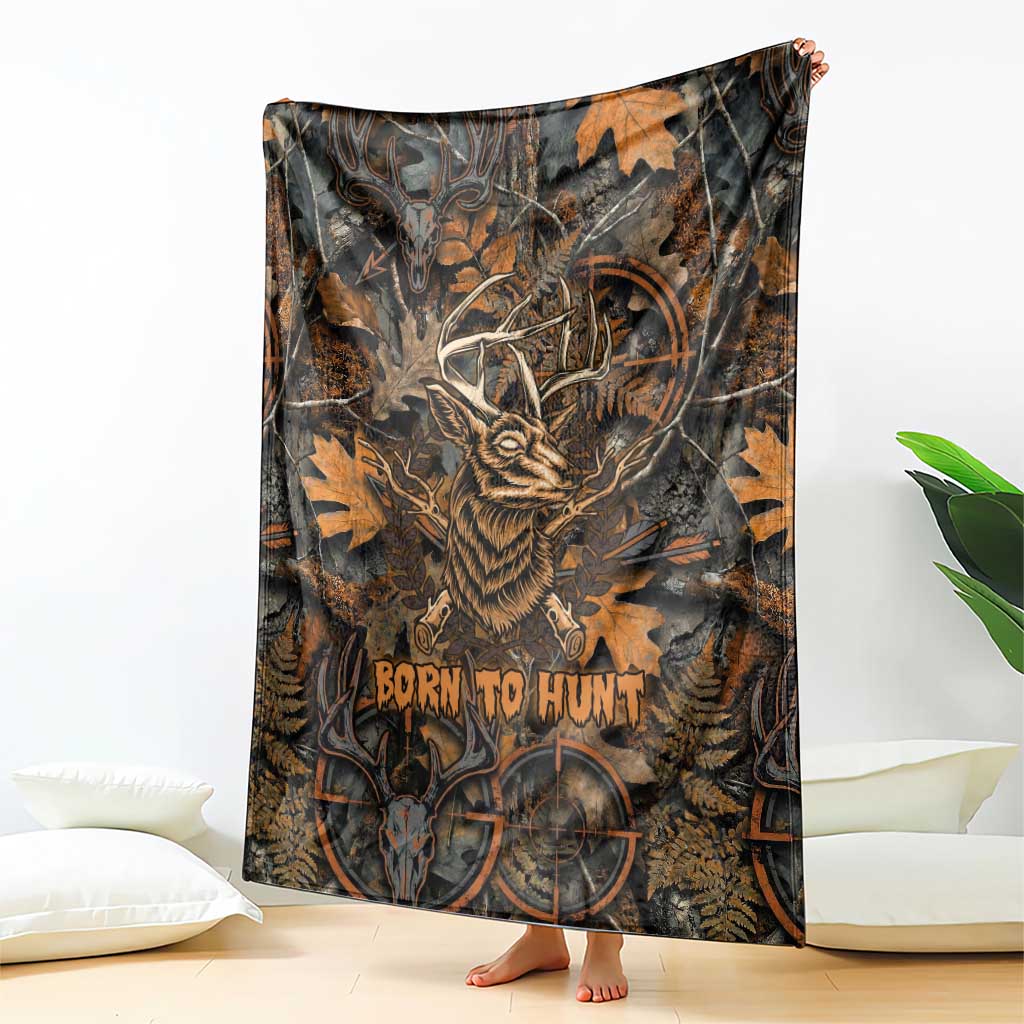 Deer Hunting Skull Blanket Autumn Leaves Rustic Brown and Orange Tones