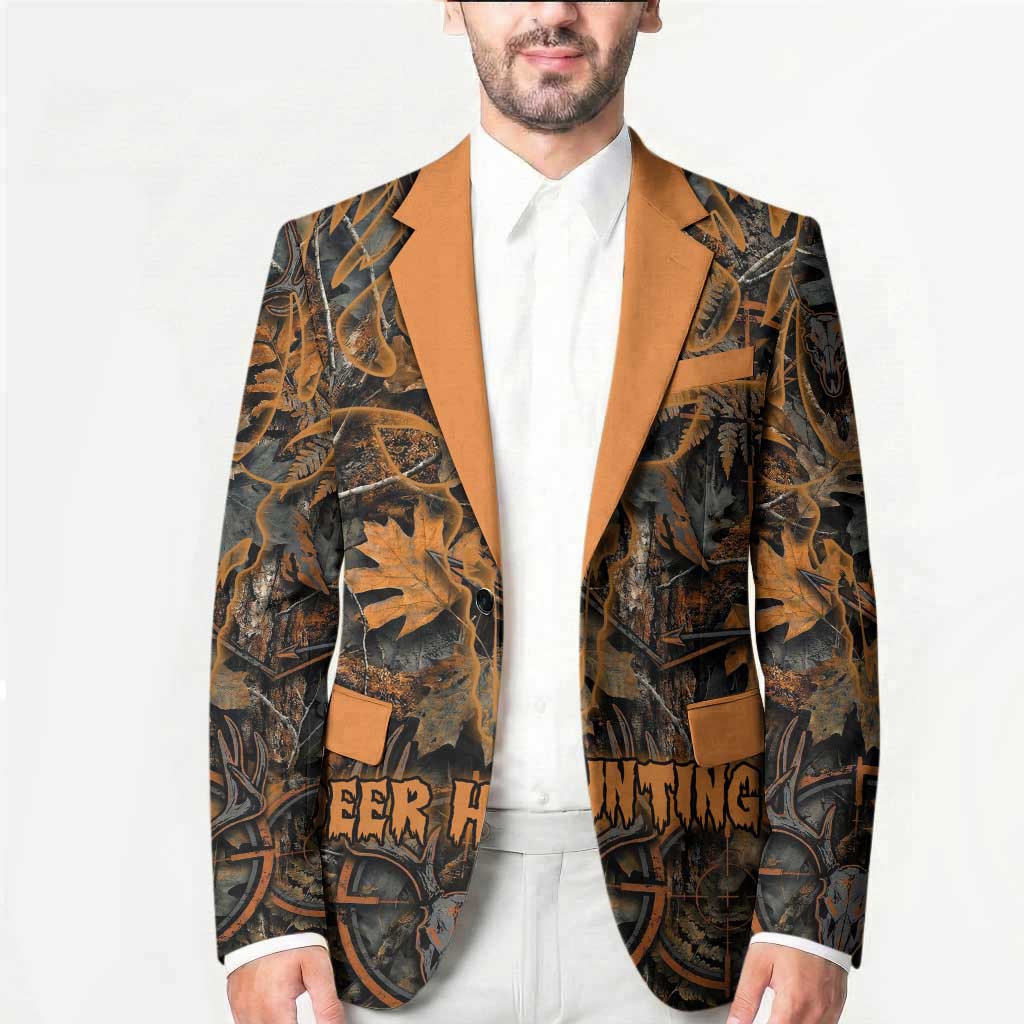 Deer Hunting Skull Blazer Autumn Leaves Rustic Brown and Orange Tones