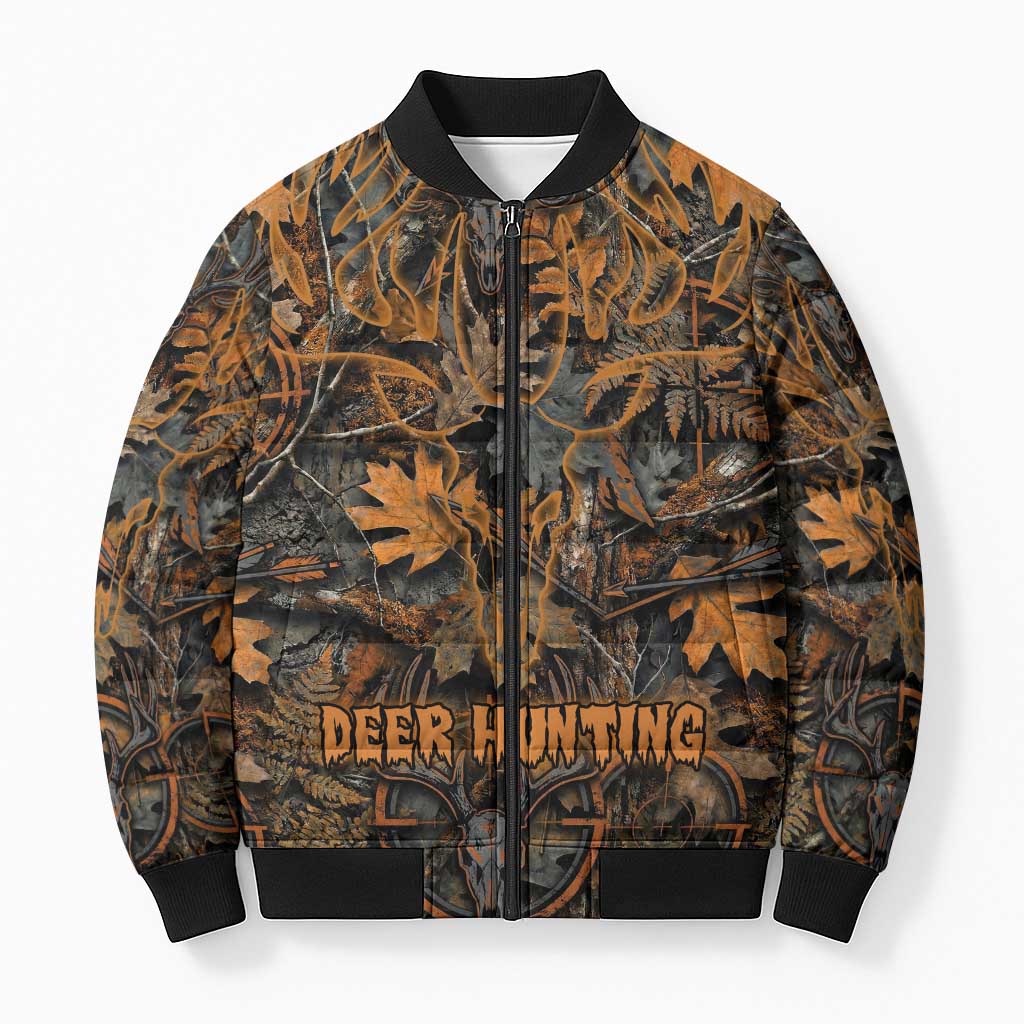 Deer Hunting Skull Bomber Puffer Jacket Autumn Leaves Rustic Brown and Orange Tones