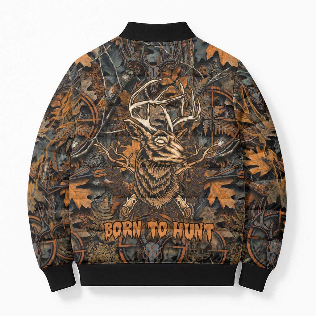 Deer Hunting Skull Bomber Puffer Jacket Autumn Leaves Rustic Brown and Orange Tones