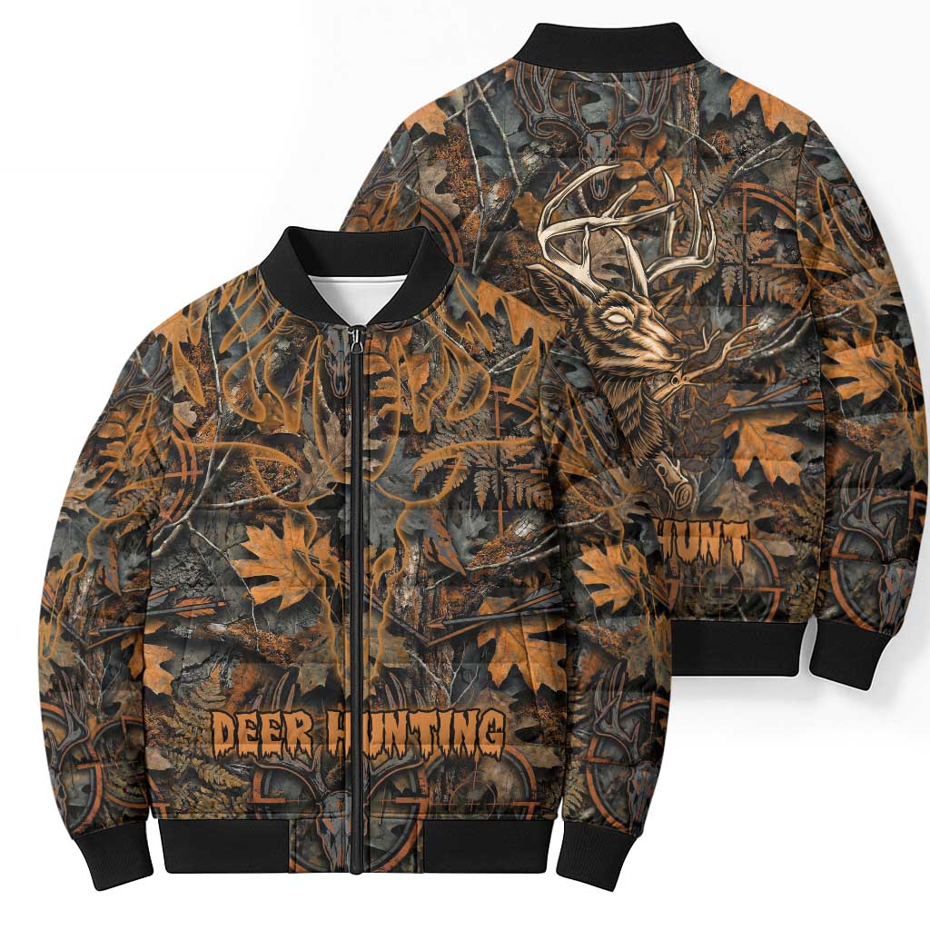 Deer Hunting Skull Bomber Puffer Jacket Autumn Leaves Rustic Brown and Orange Tones
