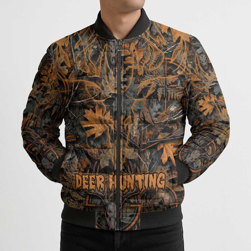 Deer Hunting Skull Bomber Puffer Jacket Autumn Leaves Rustic Brown and Orange Tones